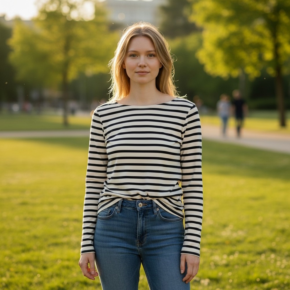 Gap Favorite Tee Womens Medium Navy Cream Striped Boat Neck Long Sleeve 1222